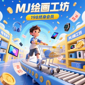 画面主体为数字"MJ绘画工坊 "/"198终身会员" ,3 d风格,电商海报,冲击抬头角度,一个电
子游戏商场,一个穿着休闲装的男孩,推着购物车,底部是传送带,购物车很电
子,周围飘着优惠券和金币,蓝黄调,背景是节日氛围的漩涡,周围飘散着一些
电子产品,包括耳机,平板电脑,手表,