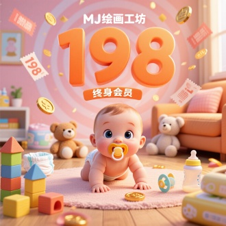 画面主体为数字"MJ绘画工坊 "/"198终身会员",3 d风格,电商海报,冲击抬头角度,画面
中心是一个可爱的小婴儿嘴里含着奶嘴在地上爬，周围有一些积木玩具和
毛绒玩具背景是暖色调的客厅，周围飘着优惠券和金币,橙粉色调,背景是
节日氛围的漩涡,周围飘散着一些母婴产品，包括纸尿裤，奶嘴，奶瓶，湿
纸巾