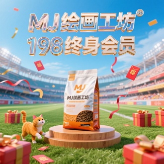 顶部是"MJ绘画工坊 "标识,"198终身会员"字体组合起来，有丰富的三层立体效果，字体整合一些玻璃层，加强光
泽度，连续做一些金属质感的凸描边。主体是一大袋猫粮放在木质的展
示台。背景是活力体育场风，草地上有礼盒街道，点缀红包飘带。左
下角有一只橘猫在玩耍，色彩鲜艳，突出狂欢氛围，
