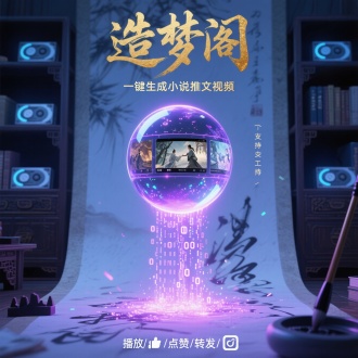 核心主题】

类型：AI视频生成工具产品海报
核心宣传点："造梦阁，一键生成小说推文视频"
【画面主体】

主角：悬浮在空中的发光水晶球（象征"造梦"），球体内动态播放着小说场景的微缩视频（武侠/奇幻/言情等题材混剪）
动作：水晶球下方有AI粒子流如瀑布般倾泻，落地后化作"播放/点赞/转发"等社交媒体图标
【艺术风格】

赛博古风：将传统水墨元素与数字科技感结合，类似《万神殿》动画的视觉风格
【色彩系统】

主色：玄青（科技感深蓝）
辅色：霓虹紫（AI粒子光效）、宣纸白（背景色）
点睛色：鎏金色（标题文字）
【场景构建】

背景：虚化的古代书房场景（可见毛笔/砚台），但书架上摆放的是发光的数据硬盘
光影：水晶球作为主光源，在宣纸背景上投射出二进制代码与书法笔画交织的光影
【文字设计】

主标题："造梦阁"用鎏金书法字体，笔触带有像素粒子消散效果
副标题："一键生成小说推文视频"用现代无衬线字体，以霓虹紫光效悬浮在水晶球下方
辅助文字：右侧竖排小字"支持10+小说平台·AI智能分镜·百万素材库"