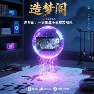 核心主题】

类型：AI视频生成工具产品海报
核心宣传点："造梦阁，一键生成小说推文视频"
【画面主体】

主角：悬浮在空中的发光水晶球（象征"造梦"），球体内动态播放着小说场景的微缩视频（武侠/奇幻/言情等题材混剪）
动作：水晶球下方有AI粒子流如瀑布般倾泻，落地后化作"播放/点赞/转发"等社交媒体图标
【艺术风格】

赛博古风：将传统水墨元素与数字科技感结合，类似《万神殿》动画的视觉风格
【色彩系统】

主色：玄青（科技感深蓝）
辅色：霓虹紫（AI粒子光效）、宣纸白（背景色）
点睛色：鎏金色（标题文字）
【场景构建】

背景：虚化的古代书房场景（可见毛笔/砚台），但书架上摆放的是发光的数据硬盘
光影：水晶球作为主光源，在宣纸背景上投射出二进制代码与书法笔画交织的光影
【文字设计】

主标题："造梦阁"用鎏金书法字体，笔触带有像素粒子消散效果
副标题："一键生成小说推文视频"用现代无衬线字体，以霓虹紫光效悬浮在水晶球下方
辅助文字：右侧竖排小字"支持10+小说平台·AI智能分镜·百万素材库"
