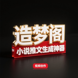 黑底，3D白色文字“造梦阁”/" 小说推文生成神器”鎏金色边，
立体文字有丰富的三层立体效果，中间是玻璃质感的
凸描边，最底层是红色底，下方红色框内是“视频创作”