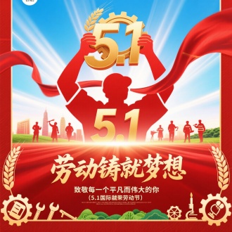海报设计概念
主题：致敬劳动者·奋斗最光荣
主视觉：

色彩方案：

主色调：红色（象征热情）+ 金色（象征荣誉）
辅助色：蓝天蓝（代表希望）+ 大地绿（象征生机）
核心元素：

主体图形：
抽象化的劳动者剪影（工人、农民、医护、科技工作者等群体）
托举的双手造型托起齿轮/麦穗/城市剪影（象征不同行业贡献）
动态感：
飘动的绸带环绕"5.1"数字
背景放射状光线（寓意劳动创造光芒）
文案排版：

主标题：
"劳动铸就梦想"（大号粗体，立体效果）
副标题：
"致敬每一个平凡而伟大的你"（手写字体增加亲和力）
底部标语：
【5.1国际劳动节 · 光荣属于劳动者】
细节增强：

边缘装饰：齿轮纹样/麦穗边框
负空间：加入微小工具图标（扳手、画笔、显微镜等）
光影效果：主标题背后添加柔和光晕