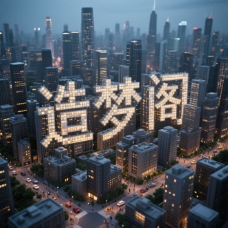 超复杂3D城市建筑群俯瞰图，以建筑群精确排列组成的"造梦阁"三字，每个笔画由数百栋不同高度和风格的摩天大楼构成。建筑物有详细的外立面、窗户反光和屋顶设施。城市脉络中有微型车流和行人活动，夜晚场景下每个窗户都有独立光源。应用程序化建模技术，城市完全按真实城市规划原理构建。使用大气散射和城市光污染效果，远处建筑群因大气透视而呈模糊状态。3D Studio Max与V-ray渲染，适合城市规划展示厅大屏展示。