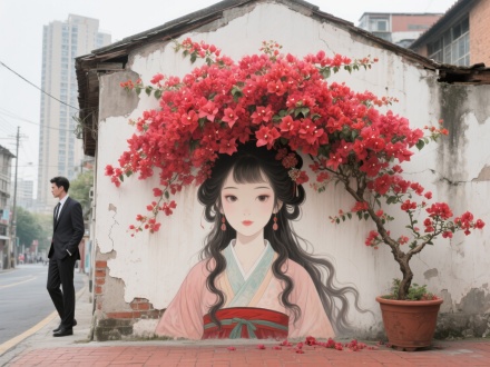 这是一幅正面创意的墙绘，在一条街道边。墙绘在一面破旧的围墙上。墙绘的主体是一位古风汉服少女的形象，头发丝流畅，呈现出微卷的状态。部分由大量的茂盛三角梅花构成，红色的三角梅花朵密集，密密麻麻，层层叠_花枝延展开来，花朵包裹着少女的头顶。花朵从墙顶倾泻而下，仿佛给少女带上了一点绚丽的花帽子。花盆在右侧，花枝延展到墙上。左侧西装革履的男人。背景是高楼或者是开阔的街道，地面由红砖铺成，