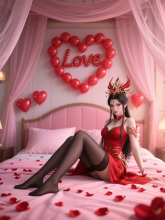 国漫斗破苍穹云韵，头戴凤冠，穿着红色秀，黑丝坐床上翘腿，粉色的床，窗帘。蚊帐。卧室暖光，低角度，3D渲染，对角线构图，梦幻色调，闲适。床上洒满了红色花瓣，床头墙壁上摆着一个爱心，红色气球组成的，中间写着“Love”
