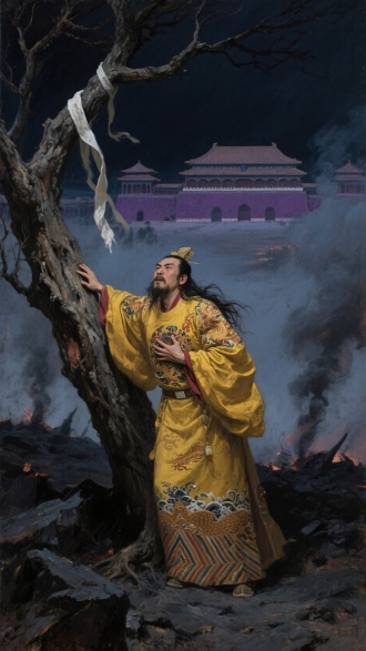 夜色深沉，明朝皇帝崇祯穿黄龙袍，站在在煤山枯树下，树枝上挂着一条白绫，他长发凌乱，一手扶树，一手捶胸，表情痛惜哀怨愤怒，望着远处模糊的紫禁城，紫禁城硝烟弥漫，厚重斑驳的笔触模仿古典历史画，明朝服饰纹样复原，伦勃朗油画写实风格暗黑