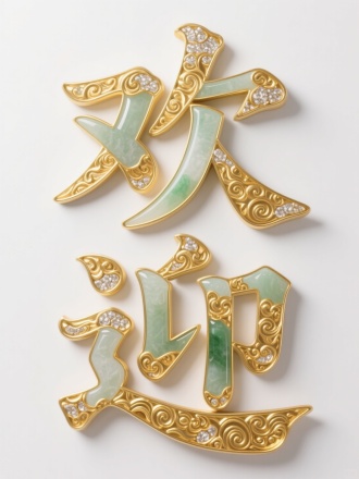 白底。字体由和田玉镶嵌的黄金祥云纹理构成3D立体“欢迎”字，呈现出高级感与奢侈感