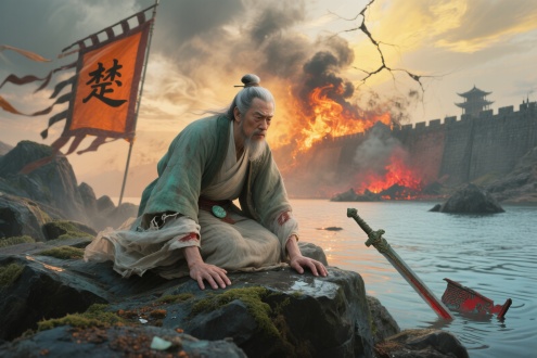 屈原跪在嶙峋的山坡玄武岩上，晨光中湿滑石面泛着孔雀石绿的铜锈幽光，指节因过度发力泛出青白，指甲缝里的赭石颗粒与青苔碎屑随颤抖簌簌坠落。特写镜头里他下颚紧绷如弓弦，一缕黏着汗珠的白发横贯鼻梁，咬破的唇边垂落朱砂色细线，在岩石凹陷处凝成半透明的琥珀斑痕。猎猎江风撕扯着三层麻衣，褴褛外层翻卷露出里襟残存的半枚碎玉，中层素纱紧贴嶙峋肋骨，撕裂的袖口处赭色旧伤结痂在透明釉彩下闪着钝光。

背景虚焦处，燃烧的郢都城墙坍塌成镉橙色火幕，焦黑「楚」字帛旗在硝烟中卷曲碳化，江面漂浮的漆器残片剥落着晚霞般的朱红涂层。折断的青铜剑斜插进远处礁石，水面波纹用细密平行线勾出流动的群青，而盘旋在头顶的灰烬漩涡正吞噬着天际——那里裂开的云隙倾泻印度黄天光，与地面蒸腾的茜素红火舌在画布中央对冲，形成新古典主义刮刀堆砌出的末日色谱。