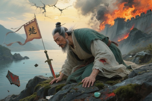 屈原跪在嶙峋的山坡上，晨光中湿滑石面泛着孔雀石绿的铜锈幽光，指节因过度发力泛出青白，指甲缝里的赭石颗粒与青苔碎屑随颤抖簌簌坠落。特写镜头里他下颚紧绷如弓弦，一缕黏着汗珠的白发横贯鼻梁，咬破的唇边垂落朱砂色细线，在岩石凹陷处凝成半透明的琥珀斑痕。猎猎江风撕扯着三层麻衣，褴褛外层翻卷露出里襟残存的半枚碎玉，中层素纱紧贴嶙峋肋骨，撕裂的袖口处赭色旧伤结痂在透明釉彩下闪着钝光。

背景虚焦处，山下是燃烧的郢都城墙坍塌成镉橙色火幕，焦黑「楚」字帛旗在硝烟中卷曲碳化，江面漂浮的漆器残片剥落着晚霞般的朱红涂层。折断的青铜剑斜插进远处礁石，水面波纹用细密平行线勾出流动的群青，而盘旋在头顶的灰烬漩涡正吞噬着天际——那里裂开的云隙倾泻印度黄天光，与地面蒸腾的茜素红火舌在画布中央对冲，形成新古典主义刮刀堆砌出的末日色谱。