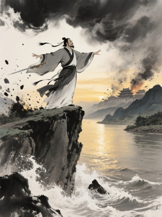 悲壮的屈原站立在江边悬崖之巅，衣袍被烈风鼓动出凌厉线条，双臂展开呈蓄力跃江之势。阴郁的天幕压着翻滚墨云，湍急江水在崖底激起白色浪花，人物面部刻画坚毅与绝望交织的神情，采用苍劲的水墨笔触与留白技法，飞溅的墨点暗示剧烈动态，整体构图采用仰视视角突显人物高大身形与江崖落差感，黄昏时分的金色余晖洒满楚地山水，汨罗江水泛起粼粼波光，远处隐约可见层叠的黛色山峦与古楚国建筑群。，被战火硝烟弥漫，画面采用中国古典水墨风格，，侧逆光勾勒出人物轮廓，飘动的发带与佩剑穗子形成视觉引导线，