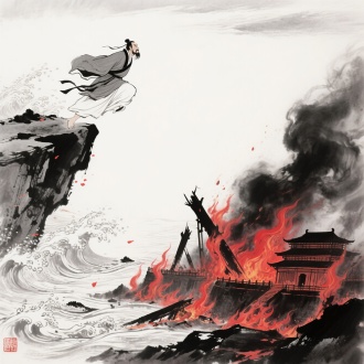 对角线构图中，屈原以蓄力跃江之姿居于左上悬崖，衣袍翻涌如浪涛，悲怆眼神凝望远方。右下角燃烧的楚国都城喷涌赤红火焰，宫殿梁柱在浓烟中坍塌，火舌与黑烟形成动态斜线呼应人物姿态。画面中央留白处用飞白笔法勾勒激荡江水，焦墨皴擦技法强化天崩地裂的末日感，朱砂点染的火光映亮屈原侧脸。风格是浑厚苍凉的水墨写意