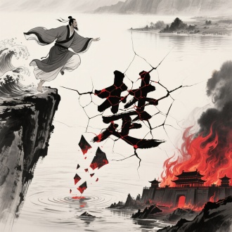 对角线构图中，屈原以蓄力跃江之姿居于左上悬崖，衣袍翻涌如浪涛。右下角燃烧的楚国都城喷涌赤红火焰，画面中央江面上悬浮破裂的"楚"字，焦墨皴擦呈现龟裂质感，碎片坠入江水激起涟漪。朱砂点染的火光与墨色裂纹交织，篆体残破笔画间透出宫殿坍塌的剪影。风格是浑厚苍凉的水墨写意