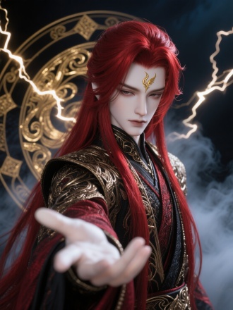 俊美男子，夜晚，背景烟雾，妖冶，bjd，披散红发，3d仿真 冷白皮，眉心金色细致繁文印记延伸到山根，单凤眼，眼尾细长，眼睛微眯，垂眸，长发，发丝细腻刻画，近距离，衣饰华丽，极繁，人物特写，单手伸向镜头做邀请动作，身后金色纹路法阵，闪电围绕，画风暗黑，朦胧，二次元，细腻厚涂，极致超清，极致细节。, 长焦镜头, 背景光。