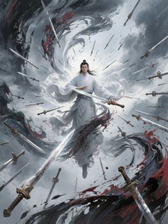 万剑归宗，天地失色，主角悬空闭目凝神施法，超凡入圣 功法具现化，极致细节刻画，Loish流动艺术风格，液态颜料如缠绕翻腾，抽象野兽派笔触爆发，大画幅液态泼墨，浑身萦绕交织的颜料烟雾，厚重丙烯肌理与油画刮刀质感，颜料涂抹层次分明，背景与人物混沌交融，打破传统构图，极端仰视视角，人物占据画面四分之三，万千飞剑与真气在周身形成颜料爆炸效果，背景扭曲成漩涡状交织的颜料洪流，每一笔颜料飞溅都蕴含镇压天地的神魔之力，白衣无风自动，周身环绕磅礴而内敛的剑意光晕。意念所至，虚空中浮现亿万柄飞剑，剑身古朴，寒光闪烁，如星河倒悬，静默待命。刹那间，所有飞剑受无形神念牵引，缓缓汇聚成一道连接天地的璀璨飞剑洪流。剑流缓缓转动，发出低沉剑鸣，虽未爆发，却蕴含着毁天灭地的恐怖威能，剑气撕裂长空，空间隐现褶皱，画面展现极致的宁静与即将爆发的无穷力量，聚焦主角超然的掌控力与万剑臣服的震撼场面，光影对比强烈，渲染出神圣而肃杀的氛围。极致压迫感，天神级威严，宏大叙事，液态颜料飞舞 抽象野兽派笔触 流动色彩风格 大画幅液态 颜料烟雾升腾 丙烯油画质感  色彩大胆冲击 背景前景交融 非传统构图 打破常规 液态肢体延伸 神性光晕扩散 空间扭曲震颤 能量波动具象化 颜料凝结神纹，压迫感窒息 震慑灵魂，