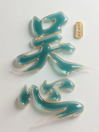粗大的书法狂草3D立体文字“吴”字，笔锋钢劲有力，大气磅礴，笔划透明般的描边，文字表面干净无暇，oc渲染，陶瓷质感，闪光，精致的金色金属饰品，精致虚拟科技感镶边渐变，简洁的靛绿瓷质感，金属流体，细腻高光，高冷，浅色系背景，印章“逢考必过”