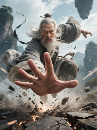 超写实武侠美学，居中显示占画面五分之三区域，细节刻画细腻，肌肤纹理清晰可见超高清显示，线条感纤细逼真，32K超高清画面，超写实，肌肤纹理清晰可见超高清显示，线条感十足，32K超高清画面，张三丰，从天而降的掌法，往下砸一掌，地裂，特写