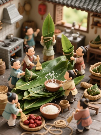 古风微缩场景，身着传统服饰的小人儿们在厨房准备包粽子的材料，一片巨大的粽叶有很多小孩清晰，有的小孩们托举粽叶，有的小孩们拿刷子刷粽叶，有的小孩们端着盆往粽叶上泼水，还有的小孩们在淘洗糯米，有的小孩在清洗红枣，有的小孩们准备细长的麻绳等动作，非常热闹的忙碌着的景象