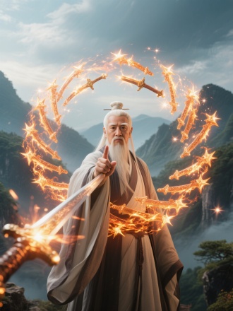 层层叠叠的火剑组成环形圆拖着的星辉射向镜头，剑身泛光，背景：身穿道袍太上老君修真者，右手两指指向屏幕，武侠大电影风格，远景青山，玄幻，唯美，惊艳，高清。真人摄影写真