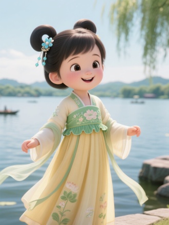 一位5岁左右身着淡鹅黄色宋制襦裙，上衣绣嫩绿色荷叶边花纹的萌萌小女孩，梳着双螺髻，插着浅蓝色珠翠发簪，站在西湖边，微风吹动她的裙摆，她脸上带着甜美的笑容，仿佛在赞叹西湖无论何时都如美人般美丽。8K高清，中国古代卡通，3D皮克斯风格。