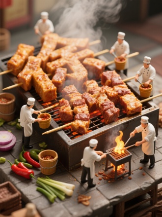 一个等距立体模型，微缩照片，微缩中国厨师们穿着白色的衣服，在巨型烤肉串上准备大量烤肉。一些人将肉块腌制在小桶里，而另一些人则用微型工具小心翼翼地将肉串串在烤肉串上。烤肉串成汉字“徐州”形状，一个团队切辣椒和洋葱等蔬菜，另一个工人照看一个小烤架，肉下火焰闪烁。烤肉串多汁金黄，表面冒着蒸汽。温暖的火光色调凸显了质朴的质感。超逼真的微距摄影、电影灯光、8K 分辨率、异想天开和令人垂涎欲滴的氛围
