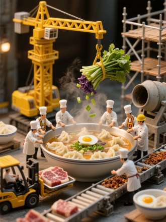 微缩画面。细节丰富、极为逼真的场景，一群中国微型厨师们身着洁白的制服，戴着厨师帽和微型建筑头盔，像在建筑工地一样齐心协力准备一大锅饺子。一台高耸的黄色起重机吊起一捆捆香菜，小心翼翼地将它们放入热气腾腾的汤中。迷你叉车运送着大片叉烧，而系着安全带的微型厨师们则顺着煮熟的溏心蛋，雪花牛肉片的边缘顺势而下，将其完美地放置在碗中。当脚手架上的厨师从上方撒上葱花和紫菜时，金黄色的汤汁中热气腾腾。传送带传送着香料，水泥搅拌机搅拌着浓郁可口的汤汁。这个场景完美地融合了工业精度和烹饪艺术，温暖的灯光增强了食物的超现实质感和异想天开却又栩栩如生的氛围。电影级的画面和灯光效果。