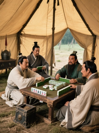 三国时期，蜀国的野外军帐中，军用帐篷里，诸葛亮、刘备、关羽、张飞在打麻将，人物原型衣作参考央视《三国演义》。图片风格为真人写真，比例 9:16。