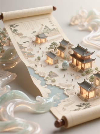 流体水墨，微观世界，三维秘境，玉石光泽，一幅精雕细琢唐朝时期的地图和街道民居的卷轴，立体感，瓷器质感，画布如丝绸般柔软，半透明。利用光影的微型景观，高清细节，细微细节，清晰呈现，复杂场景，精细模型，浮雕，超现实梦境，异想天开，超质量，高细节，超现实主义，3D渲染，全局照明，低角度拍摄，纹理光，边缘照明，特写，焦点构图，生物发光，中国古风，发光材料。它采用米色配色方案，灯箱，纸质材料，c4d，珠光纹理，浅色背景，出色的图像质量，空灵的插图，精致和传统的中国动画风格