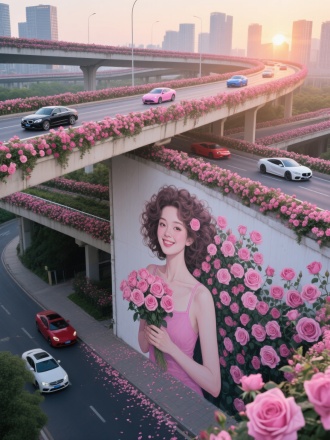 低空航拍视角下的杭州高架，层层叠叠的立体道路结构，月季花海密集覆盖所有护栏，鲜艳的粉紫色色花朵形成流动的色带，高清画质展现花瓣纹理，道路上有几辆行行驶的车，航拍器平稳移动展现高架蜿蜒形态，画面边缘轻微鱼眼畸变增强空间纵深感
高架桥下面人行道上的一面巨大墙面上绘画高大人物，一幅超现实风格数字墙壁绘画，一副墙壁绘画现代美女身穿粉色吊带上衣前景是巨大壁画，粉色色月季洒落路面，远景高架桥上桥上有行驶的汽车有奔驰黑色，粉色，，红色，白色宝马，蓝色法拉利各种名车跑车，高楼若隐若现。夕阳西下，阳光，高架桥边缘爬满了繁茂旺盛层层叠叠的粉色色小月季花花。高架桥下面一侧巨大墙面上绘画着一位高大正面现代美女，卷发挽起炸丸子头发，正面画像，密密麻麻茂盛层层叠叠的真实自然发月季花盖住女子头发，盖住女子头发和美女头发融为一体，美女双手捧一束玫瑰花，妆容娇俏，微笑，墙绘美女图正面为主体拍摄，低拍航拍，以墙绘美女画像拍摄中心，画面真实，具有视觉冲击力效果拍摄，给人震撼画面，大师级真实拍摄效果