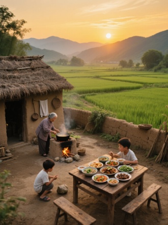 乡村场景，夕阳西下，暖黄色天空，远处连绵山脉，大片绿色稻田，泥土地面 ，带茅草屋顶的土坯小屋，连着土坯围墙，小屋外墙上挂着农具和布巾 ，户外土灶，灶上有锅，一位老奶奶在灶前做饭 ，灶里有火，一个小男孩蹲在地上玩石头 ，另一个小男孩坐在木桌旁吃饭，桌上摆满炒菜、炖菜等各式菜肴，木桌搭配木凳 ，画面充满温馨、宁静的乡村生活氛围，广角远景俯拍