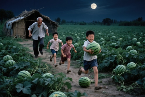 80年代，月光下，大片西瓜地里长满西瓜，西瓜地里有一个窝棚，一个老汉在追几个孩子，三个孩子在前面跑，一个孩子抱着的西瓜掉在地上。一个孩子抱着一个大西瓜在跑，三个孩子在前面跑，老汉在后面追，孩子跑的快。老汉追不上。高清电影画质