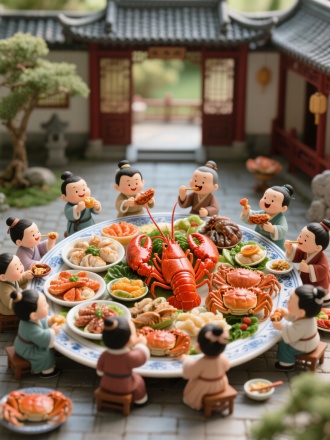 微缩景观，一个巨大的盘子上摆满了丰盛的海鲜，十几个穿着汉服的可爱小人们围坐在盘子周围，有的小人用手拿着大龙虾品尝，有的小人伸手拿螃蟹津津有味的吃着，还有的小人在交谈。背景是古风中式庭院，要求：小人描述都有说有笑，动作要具体，分工明确。