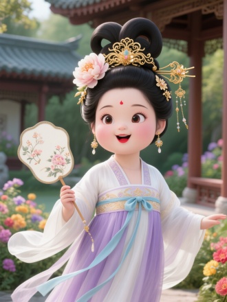 画面1 穿着非常华丽，白色和浅紫色相间的齐胸襦裙，腰间系着淡蓝色丝带，丝带垂落，随风飘动。3D渲染风格，超现实主义，一个胖嘟嘟很可爱的古代女子，五官精致，大眼睛双眼皮，眉型为细长的柳叶眉，眉色自然，双眸明亮有神，呈杏仁状，透着温婉灵动之感，鼻梁小巧精致，恰到好处地勾勒出面部立体感，唇形饱满。途有鲜红的口脂，流露着歌唱的表情，嘴里唱着歌，。她的头发乌黑亮丽，带着一朵很大的芍药花，梳成了经典的唐代倭堕髻，倭堕髻插鎏金蔓草纹头饰，发髻高耸且富有层次感，线条优美流畅，一侧别着精美的金色发簪，发簪造型繁复，雕琢着精致的花卉或藤蔓纹样，末端垂有小巧的坠饰，随着人物动作微微晃动，另一侧装饰有华丽的金质花钿头饰，增添了几分雍容华贵。她佩戴着一对精致的耳饰，色泽温润，与整体造型相得益彰。一手里拿着一把。装饰特别精致的团扇。肚子小一点，背景是女孩在花园里的凉亭边，周围开满了色彩斑斓的花，背景模糊，