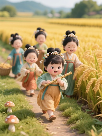 微缩景观，绘制一幅田园劳作场景图，六个穿着传统汉服、梳着唐代发髻上面插着精致的发饰，珍珠步摇，，微胖的小女孩，大眼睛双眼皮，拿着竹笛在稻田小径上欢快行走，表情愉悦。背景为金黄色稻田，草地上有蘑菇。整体氛围欢快、充满丰收气息，远景全身照
