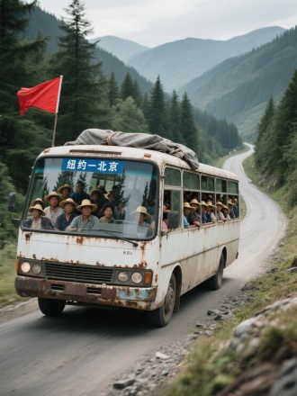 老旧白色中巴车行驶在蜿蜒山路，车窗上方标有"纽约一北京"蓝色路线标识，车内挤满戴草帽的交谈乘客，前挡风玻璃反射针叶林树影，车顶红色旗帜飘扬捆绑灰色帆布包裹，道路两侧排列深绿色针叶林，远方层叠青灰色山峦，超写实风格，8K画质呈现车身锈迹与轮胎压碎石路面的磨损细节，自然光线照射车窗透出拥挤人影，广角构图突显弯曲山道与运输艰辛，动态模糊增强车辆行驶速度感，景深效果突出车身锈迹与灰尘质感，高分辨率真实摄影