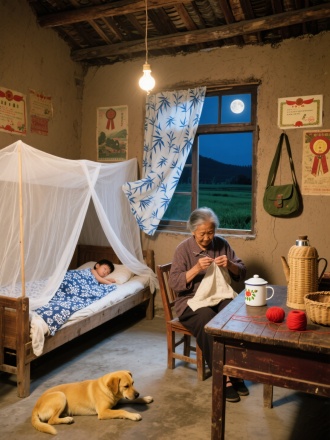 乡村室内场景，土坯墙壁，木质屋顶，老旧的灯泡悬挂房间中，。左侧木床，床上有白色蚊帐，小孩盖着蓝白花纹被子熟睡。右侧木桌，桌上有竹编水壶、带花卉图案的白色茶杯、篮子、红色线团等，一位老奶奶坐在木椅上，正在做针线活。窗户挂着蓝白竹叶图案窗帘，窗帘随风飘动，窗外是夜晚田野和明月。墙上贴着老旧的复古海报、旧奖状，挂着老旧绿色挎包。地面是水泥地，一只黄色土狗趴在地上。复古写实风格，全景景别。