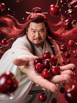 俯拍中景镜头，真实古风修真帅胖憨厚老实善良儒雅随和真诚成熟稳重大叔深红色长发特写，精致五官立体分明，无数新鲜车厘子带着透亮水珠向掌心螺旋汇聚，运动拍摄，高清，锐利眼神穿透镜头，手臂挥动产生动态模糊轨迹，红色残影与背景中持续掉落的车厘子形成交错运动，8K超清画质捕捉发丝与水珠飞溅细节，暗红色背景布满下坠车厘子的拖影光轨，冷调聚光灯突显皮肤纹理与果实的反光质感