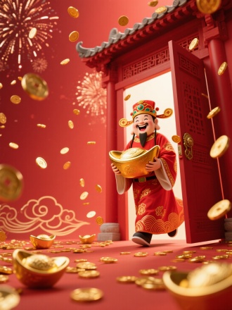 中国财神爷，超现实主义，真实摄影，柔光拍摄，色彩柔和，仰视角度，冲击力构图，微笑的财神占据画面的大部分。一扇红色的古典中式大门占据画面右侧，财神占据画面左侧，财神微笑着从大门中走进来，半身特写，财神穿红色描金衣服，戴着财神帽子，左手抱着一只巨大的金元宝，表情慈爱，低角度仰拍半身特写，红色简约新年背景,，细金线描金祥云，地上到处都是散落的金币和元宝，空中也飘着大量的金币，大量金币，前景模糊，红色主题，背景有烟花，真实照片，摄影，高清
