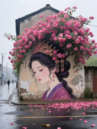 这是一幅正面创意的墙绘，斑马路对面，一面破旧房子的矮墙上，墙绘的主体是一位古代美女的形象，头发丝流畅，头发挽起，呈现出微卷的状态，佩戴凤冠和许多漂亮的流苏发饰，眼神单纯可爱，眼睛往下看，美女的头发部分由大量的茂盛的玫红色蔷薇花构成，这棵开满紫色花朵的巨大花树，位于矮墙之后，花朵真实清晰，树冠从墙后伸展而出，花朵密集，密密麻麻，屋屋叠叠，花枝延展开来，玫红色花朵包裹着女孩的头顶，花朵从墙顶倾泻而下，仿佛给少女带上了一顶玫红色绚丽的花帽子，繁茂玫红色花朵，花朵数量众多，覆盖头发和部分脖颈区域。花朵象是从女子的头上长出来一样。
背景是街道，前景是宽阔道路，道路上有行人，地面是宽阔的柏油路，玫红色蔷薇花花瓣铺满地，墙面无落叶，远景，超广角镜头，8k高清显示花朵纹路，真实高清写真质感，大师级真实拍摄效果，地面湿漉漉的。
