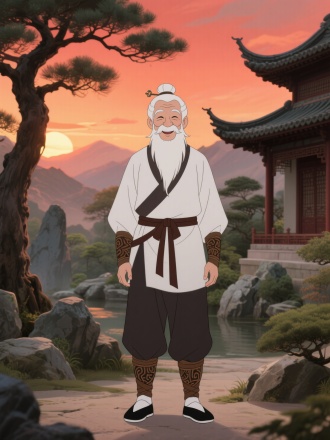 帮我生成一位古风老人，白发束于头顶，插有发簪，面容微笑，长白胡须垂至胸前；身着白色上衣，，腰间系深棕色束带，下身搭配深色长裤，裤脚挽起，露出带有复杂纹路的棕色绑腿，足蹬黑白色传统布鞋，双手自然垂放身体两侧，
 全身出镜，中远距离，正对镜头，正面朝前，正面照，立正姿势，画面高清

中式传统风格景观：有典型飞檐翘角的中式建筑，体现东方古建筑美学；挺拔苍劲的松树，在中国文化中象征长寿、坚韧；远处山峦在夕阳余晖（天空橙红色调）映照下，增添悠远意境；还有形态各异的山石、绿植，整体营造出宁静、古朴且富有自然韵味的氛围 ，传递出中式传统园林的雅致与闲适。画面呈现动画风格