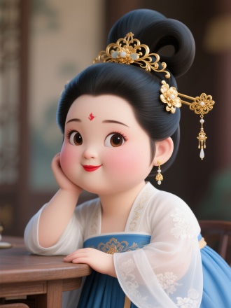 3D渲染风格，超现实主义，一个胖嘟嘟很可爱的古代女子，五官精致，大眼睛双眼皮，眉型为细长的柳叶眉，眉色自然，双眸明亮有神，呈杏仁状，透着温婉灵动之感，鼻梁小巧精致，恰到好处地勾勒出面部立体感，唇形饱满。途有鲜红的口脂，嘴角微微上扬，似带着一抹浅笑，流露出亲和气质。她的头发乌黑亮丽，梳成了经典的唐代倭堕髻，倭堕髻插鎏金蔓草纹头饰，发髻高耸且富有层次感，线条优美流畅，一侧别着精美的金色发簪，发簪造型繁复，雕琢着精致的花卉或藤蔓纹样，末端垂有小巧的坠饰，随着人物动作微微晃动，另一侧装饰有华丽的金质花钿头饰，增添了几分雍容华贵。
她佩戴着一对精致的耳饰，色泽温润，与整体造型相得益彰。身着传统汉服，蓝色裙身搭配白色纱衣，饰有精致花纹，整体营造出一种唯美浪漫的古风氛围。人物用右手撑着脑袋靠在桌子坐在桌子旁边，背景随着整体内容模糊。