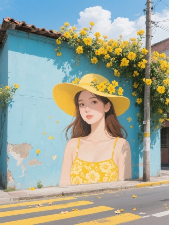 这是一幅充满艺术气息的户外壁画。画面中心是一位女性形象，她有着棕色的长发，头戴一顶黄色的宽边帽，帽檐上装饰着黄色的花朵。她的眼睛看向前方，似乎在享受着阳光的温暖。她穿着一件黄色花纹的吊带背心，背心的颜色与周围的花朵相呼应。 壁画的背景是一面真实的浅蓝色的墙壁，墙壁上有一些自然的斑驳痕迹。墙壁上方和旁边生长着茂密的真实的黄色花朵，花朵沿着墙壁和屋顶蔓延，形成了一道美丽的花墙。花朵的颜色鲜艳，给人一种生机勃勃的感觉。 在壁画的下方，可以看到真实街道的一部分，街道上有黄色的斑马线和一些散落的花瓣，增添了画面的动态感。背景中还有一根电线杆，显示出这是在一个城市的街道旁。天空中有几朵白云，天气看起来晴朗而明亮，给人一种宁静而祥和的感觉。