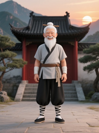3d卡通风格，一位白发束于脑后，插有木簪，面容带笑，留着长长白色胡须的老者。身着浅灰色中式短袖上衣，衣服一侧有斜跨的布条装饰，腰间系着一条棕色腰带 ，搭配黑色宽松灯笼裤，裤脚扎紧。手腕处缠绕白色绑带，脚上穿着黑白配色的传统布鞋，脚踝处有黑白条纹绑带。背景是中式古建筑，黑瓦红门，门前有台阶，两侧有苍松，远处是夕阳西下、山峦起伏的壮丽景色，整体氛围展现中式养生运动主题。
一个人站在前面，正对镜头，正面朝前，正面照，立正姿势