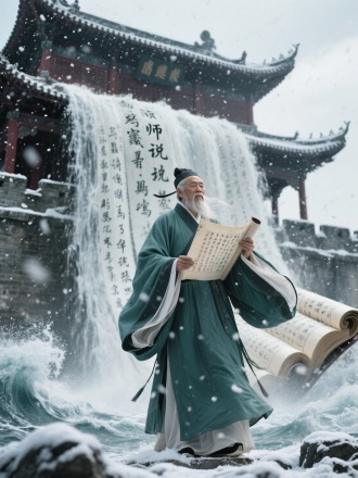 **韩愈**  
青衫老者立潮州城楼，手执谏书迎风振袖，身后《师说》书卷如瀑垂落，风雪裹挟《马说》雄文坠入怒涛