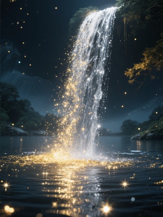 夜晚，银色的粒子，金色的粒子。像瀑布一样的落进湖中，星星点点闪着金银光，超极梦幻，意境美感，仙侠神域。