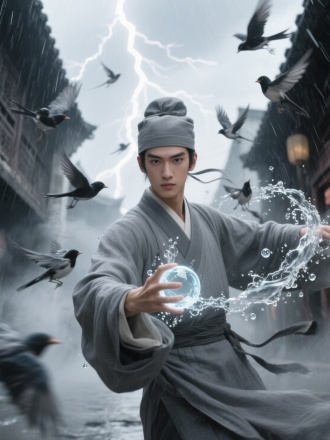 低角度仰拍，三维建模，古风年轻男穿着灰色古装布衣，布帽，五官精致如真人摄影，手握透明发光水分子旋转，很多麻雀环绕全身，眼神锐利凝视前方，运动模糊残影展现施法动态，背景古街狂风暴雨闪电交织，水汽蒸发形成朦胧雾气，8k超清呈现皮肤纹理与水流细节，灰调冷色烘托低角度仰视宏伟构图。图片风格为写真