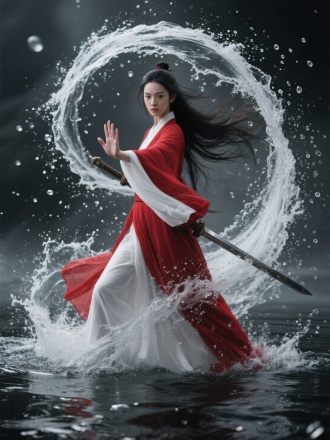 武侠大电影风格，身穿红白相间长袍美女，正面特写，冷艳，漂亮，高大霸气，长袍与散乱长发疯狂夸张地飘扬，身周汇聚出一条巨大飘逸的漩涡水流，漩涡水流缠绕身前身后并且自水中空中飘荡着大量密密麻麻的细小水滴，灰黑色氛围，马步站立，一手手掌推出，一手拿剑放背后，动作很拉风，脚下水面呈现巨大漩涡水流，水流随着手掌推出激荡翻滚，水面密密麻麻的水滴浮向上空。大师构图，脚下水花飞溅，极具视觉震撼，极致光影