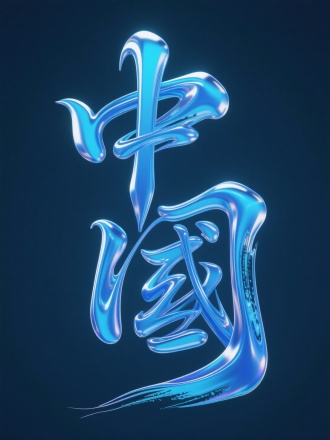 具有东方中式风格的3D艺术字体设计，以“中国”字为主体，笔画有明显的穿插感觉和粗细变化，笔画幅度夸张，大胆，层次丰富，笔画飘逸，以流体的立体3D笔触呈现，镭射材质，蓝色，富有动感与活力，干净的背景，