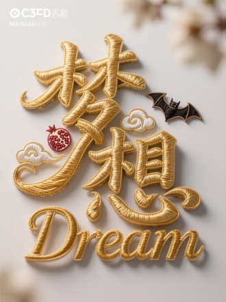 艺术字信息：立体刺绣，苏绣，金银线，金线，立体字，扭曲变形重杨，内嵌，吉祥云，石榴，蝙蝠，中文字“梦想”，英文字“Dream”。Maya渲染的立体字，C4D 渲染，3 D建模，从俯视角度观看，背景虚化简洁，