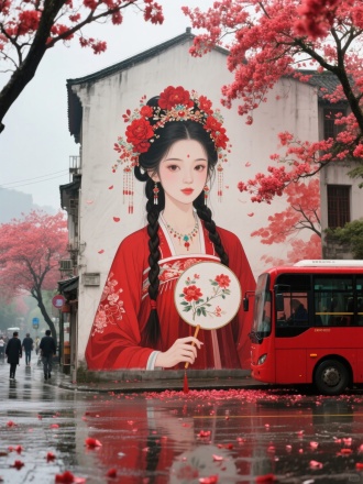 A street scene with a red - themed mural on a large wall. The mural depicts a young woman in traditional Hanfu, adorned with elaborate red.floral headdress and jewelry, holding a round fan with floral patterns. She has long, braided hair and a gentle expression. Surrounding the mural are Jacaranda trees in full red bloom, with petals scattered on the wet pavement, reflecting the red hue. A red bus is parked on the street, and a few pedestrians are in the background, under an overcast sky. The overall atmosphere is dreamy and aesthetically pleasing.